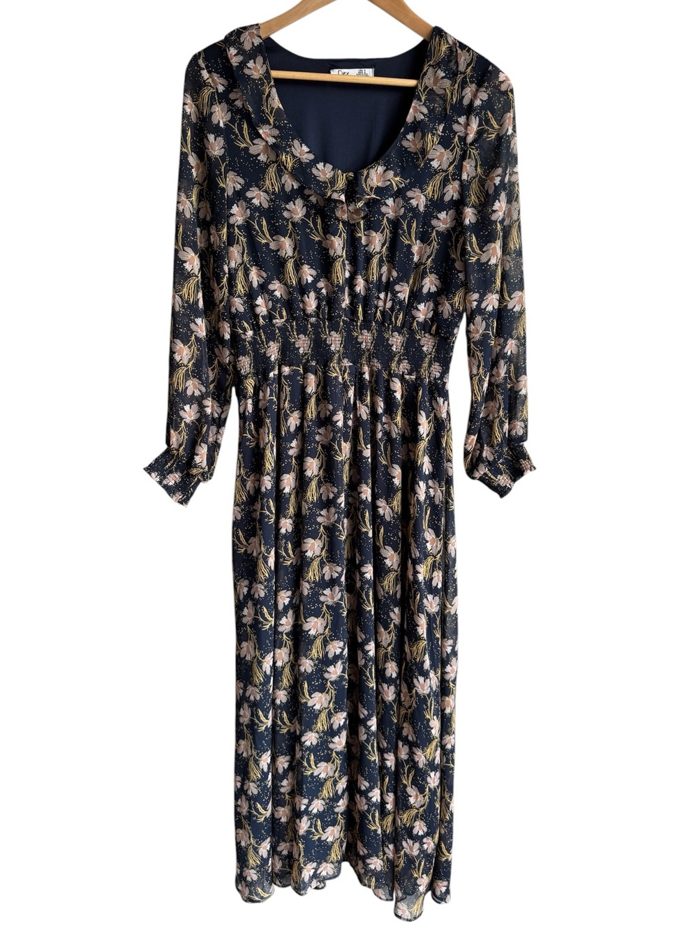 Dex Floral Cottagecore Maxi Dress Sz M Navy Sheer Long Sleeve Prairie Smocked